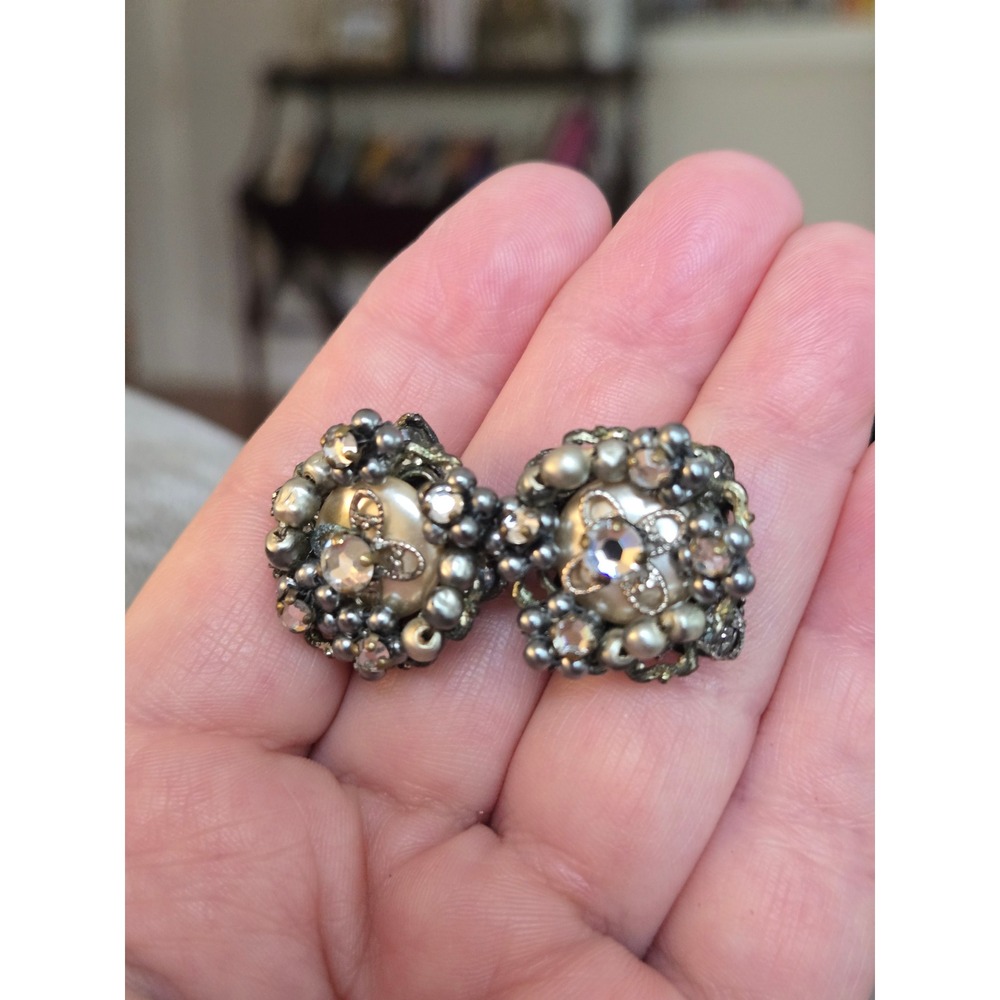 Originals by Robert Earrings Faux Pearl Rhinestone Silver Glass Beads Vintage